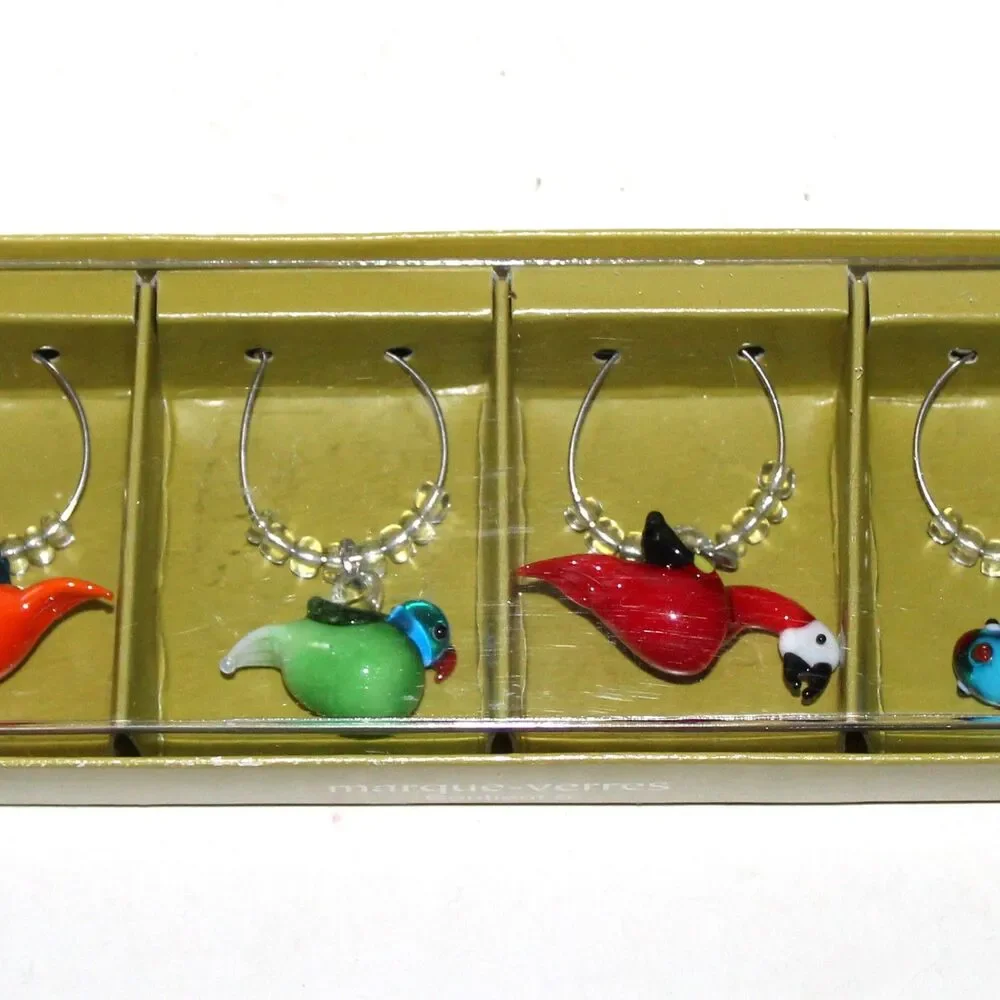 Pier 1 Imports Wine Glass Drink Charms set of 6 glass birds NEW NOS